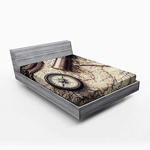 ABAKUHAUS Kompass Spannbetttuch, Nostalgischer Maritime Werkzeuge, Soft Dekorativer Stoff Bettwäsche Rund-um Elastischer Gummizug, 140 x 200 cm, Beige Taupe
