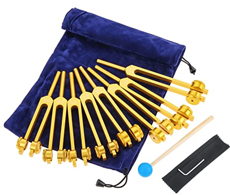 Lot de 7 fourchettes d'accordage Chakra + 1 fourchette d'accordage lestée dorée avec marteau en silicone, sac, chiffon de nettoyage, pour guérison, thérapie sonore, instrument de musique, équilibre