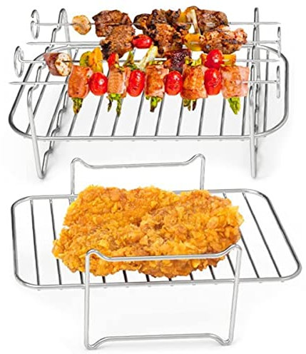 Keyohome 2PCS Air Fryer Double Layer Grilling Rack with 4 Skewers, Multi-purpose Stainless Steel Air Fryer Racks for Ninja Dual Drawer, Barbecue, Roasting Oven Accessories (Silver, A)