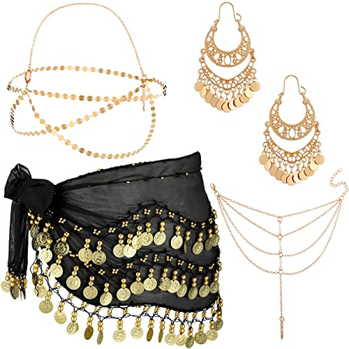 4 Pcs Gypsy Costume Accessories Set Coin Hip Scarf Sash Belt, Headpiece Jewelry Kit for Belly Dance Fortune Teller Egyptian Genie Festival Boho Outfit(Black)