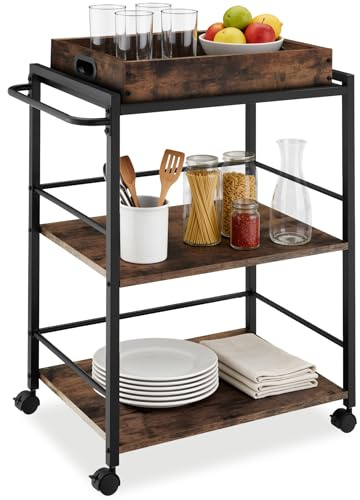 tectake® Carrello Portavivande - 65 x 41,5 x 87 cm - Carrello Cucina con Ruote, Vassoio Removibile, Struttura in Acciaio, Mobiletto Salvaspazio, Organizer Cucina - Legno Industriale Scuro