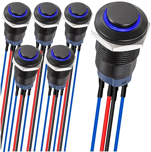 MKBKLLJY 6 x LED-knappbrytare 12 mm svart hölje med förkablage, IP65 vattentät knappbrytare, 1NO 2 normalt självlåsande med blå LED för bil, marinbåt