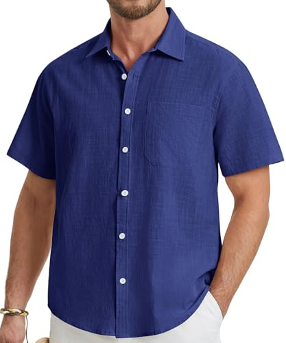 HISDERN Chemise Lin Homme Bleu Marine Chemise à Manche Courte pour Homme Classique Casual Été Leger Plage Chemise Regular Fit 3XL