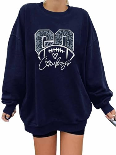 LUKYCILD Game Day Sweatshirt Football Shirt: Women Sunday Funday Football Season Long Sleeve Shirt Soccer Fans Pullover, Blue, XXL