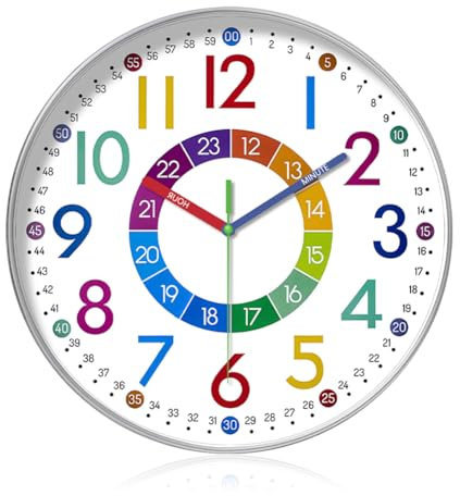 RANJIMA Kinder Wanduhr Ohne Tickgeräusche, 12 Zoll/30cm Bunt Zahlen Wanduhr Modern Lernende Uhr für Kinder Jungen Mädchen, wanduhr Kinderzimmer Lautlos für Schlafzimmer Küche Schule Wohnzimmer Büro