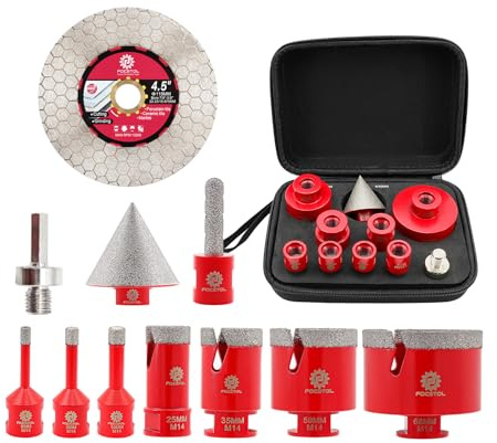 FOCSTOL Foret Diamant Carrelage Kit - 11 pièces (6/6/8/25/35/50/68mm+10mm Fraise+50mm Mèches Chanfrein Biseautées+Adaptateur+115mm Disque) Scie Cloche Diamantée pour Porcelaine Carrelage Marbre Granit
