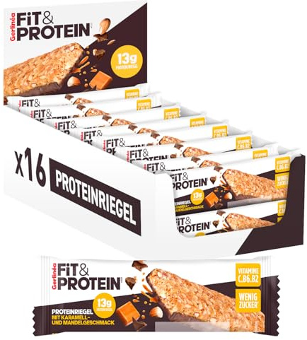 Gerlinéa Fit&Protein - Barres Protéinées saveur Caramel Amandes - Sans Sucres Ajoutés - 13 gr protéines par barre de 45g - Protéines Après le Sport - 16 barres