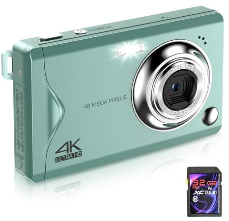 Digitalkamera, 1080 FHD Fotokamera 48MP Kompaktkamera, AutoFocus 4K Digital Kamera mit 32GB Karte, Tragbar 16X Digitalzoom Fotoapparat für Teenager Erwachsene Anfänger Mädchen Jungen (Grün)