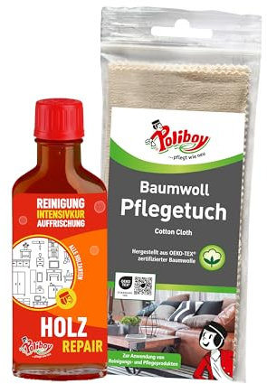 POLIBOY Holz Repair - Mittelbraune Möbelpolitur für lackiertes Holz - Farbauffrischendes Poliermittel - 1x 100 ml - Mit Baumwolltuch - Made in Germany