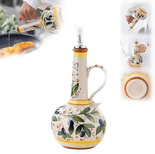 Hand Painted Stoneware Olive Oil Cruet, 15oz, Stainless Steel Spout for Oils, Vinegar, Coffee Syrups, Sauces (1PCS)