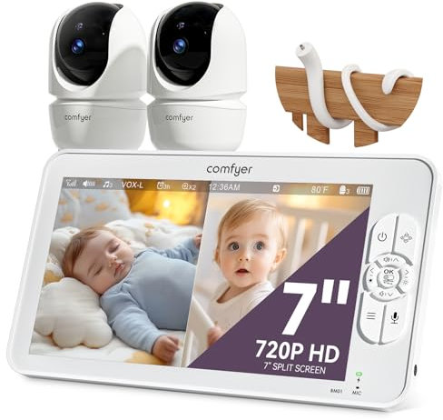 Comfyer Split-Screen Babyphone mit 2 Kameras, 7 HD 720P Video Babyphone ohne WLAN mit Halterung, IR-Nachtsicht Vox-Modus 2-Wege-Audio 6000mAh 300M Reichweite Videoüberwachungsgeräte