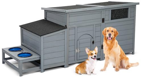 COZIWOW Dog House Outdoor 59 Wood Warm Pets Home with Slow Food Bowl, Extra Waterproof Durable Dog Kennel with Wooden Floor for Garden Backyard Farm