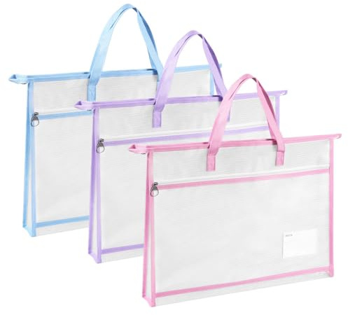 MiOYOOW - Bolsa de proyecto A3, 3 bolsas A3 de malla de nailon impermeable, bolsa de almacenamiento con cremallera transparente con asas para dibujo documento pintura rompecabezas