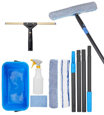 Window Cleaning Kit with Storage Bucket, Window Squeegee with 4.13ft Extension Pole, Scrubber, Spray Bottle,Duster Cloth, Squeegee with Rotating Head, Professional Window Cleaning Tools