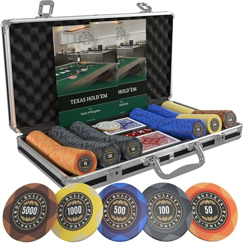 Bullets Playing Cards, Adriana - Set da poker con 300 chip da poker Clay con valori, con pulsante di dealer in ceramica e carte da poker