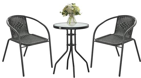 Outsunny 3 Pieces Rattan Bistro Set, 2 Seater Garden Furniture Set with Coffee Table and Stackable Chairs, Wicker Outdoor Table and Chairs for Garden, Porch, Balcony, Black
