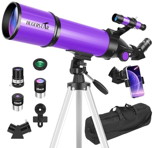 HUGERSTAR Télescope, télescope pour adultes et enfants et débutants en astronomie, ouverture de 80 mm, télescope réfracteur portable de 600 mm, optique entièrement multicouche avec trépied à monture