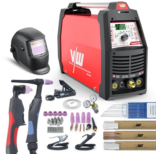 VECTOR WELDING AC/DC WIG svetsmaskin set med plasmaskärare, New York 2500 HF-tändning, MMA 170A | Inkl. hjälm, fotpedal och tillbehör | för aluminium, rostfritt stål, stål