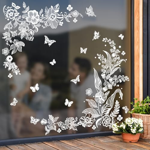 Supzone Bianco Adesivi Finestra Vetrofanie Farfalla Fiori Decorazioni Primavera e Estate, Decorazioni per Vetri Anti-Uccelli Adesivi Statici per Finestre
