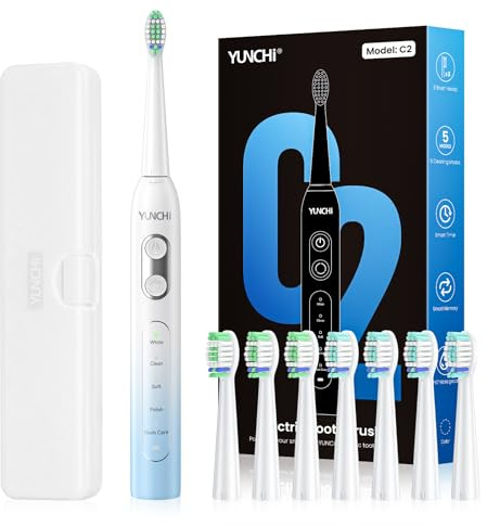 YUNCHI C2 Electric Toothbrush for Adults and Kids, USB-C Rechargeable Sonic Toothbrush with 5 Modes and 2 Minutes Timer, Soft Bristles 8 Brush Heads and Travel Case, Light Blue White Gradient