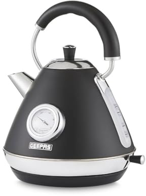 GEEPAS Retrovive 1.7L Electric Kettle | Vintage Cordless Stainless Steel Rapid Boil Jug Kettle for Hot Water Tea Coffee | Auto Shut-Off 360° Swivel Base Temp Gauge Boil Dry Protection | 3000W Black