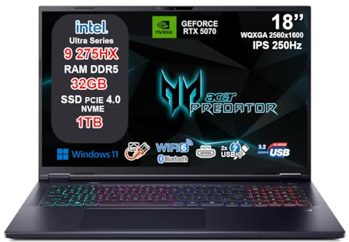 Acer Predator Helios Neo 18 AI Gaming Notebook, Intel Core Ultra 9 275HX, RTX 5070 8GB GDDR7, 32GB DDR5 6400MHz, SSD 1TB, Display 18 MiniLED WQXGA 250Hz, Thunderbolt 4, 2.5G LAN, Wi-Fi 6E, RGB 4 Zone