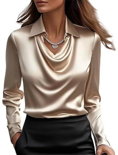 MorFansi Blusa de satén para mujer, cuello cascada, elegante, manga larga, seda, camisa de trabajo, camisa de manga larga, champán, L