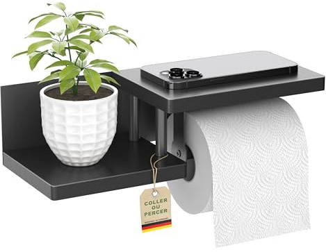 ElbFuchs® Porte Papier Toilette Mural en Bois de Bambou [sans PERCAGE ou avec VIS] | Derouleur Papier Toilette de Haute qualité avec étagère | Noir | Porte Rouleaux de Papier Toilette