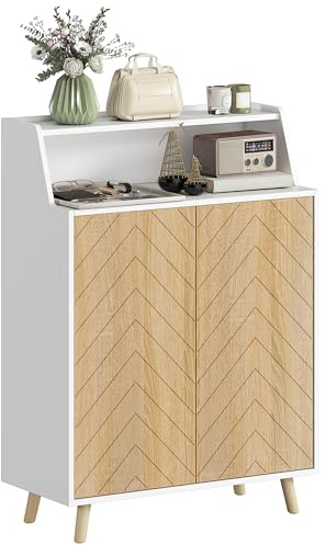 HOMCOM Zapatero de 2 Puertas en Espiga, 75x35x104 cm Blanco y Natural