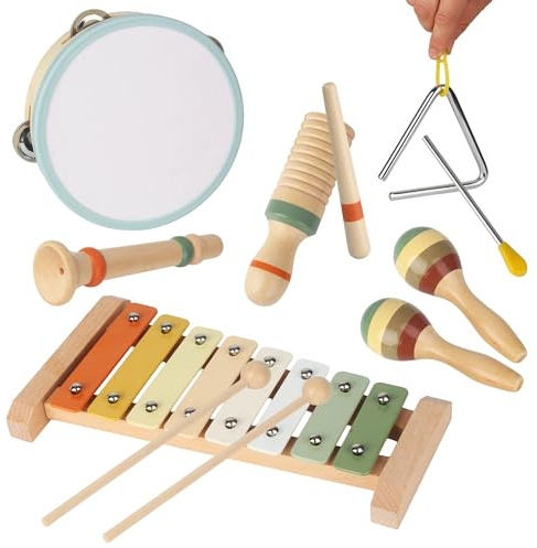 Instruments de Musique pour Enfants 6 en 1, Jouet Montessori en Bois avec Instrument De Musique Bebe et Xylophone Bebe, Musique Bebe avec Instruments De Musique pour Enfants Percussion Cadeau 1-3 Ans