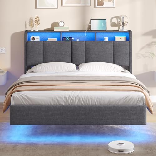 AOGLLATI Cama Matrimonio 140 x 190 cm con LED y Estación de Carga, Estructura Cama con Efecto Visual Levitante, Cama Tapizada con Cabecero y Espacio de Almacenamiento, Metal y Madera, Gris Oscuro
