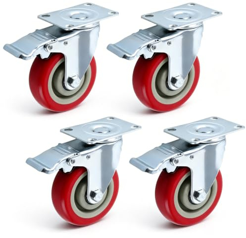 LOPYXBR Lot de 4 roulettes pour charges lourdes - 100 mm - Avec frein - En polyuréthane rouge - Roulettes de transport galvanisées - Pour meubles, établi et industrie - Charge maximale de 700 kg