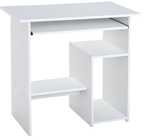 HOMCOM Compact Small Computer Table Wooden Desk Keyboard Tray Storage Shelf Modern Corner Table Home Office White