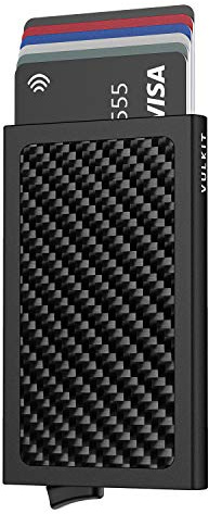 VULKIT Tarjetero Hombre o Mujer Pequeño Tarjeteros Metalico RFID Bloqueo Porta Tarjetas Slim Porta Cartoes Homem Pop Up Funda Tarjeta Credito para 5 Tarjetas, Fibra de Carbono