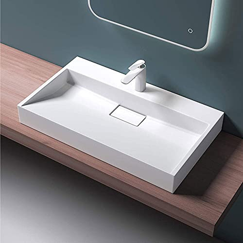 Mai & Mai Waschbecken Weiß Matt Aufsatzwaschbecken Hängewaschbecken Hängewaschtisch inkl. Ablaufgarnitur Mineralguss Rechteckig Waschplatz 1 Armaturenloch Breite: 60cm
