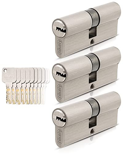 GERCAR Lot de 3 cylindres de serrure 30/30 à fermeture identique - 3 cylindres profilés avec 15 clés - 60 mm - Serrure à cylindre 3 cylindres - Longueur : 60 mm, A : 30 B : 30 - En laiton massif mat