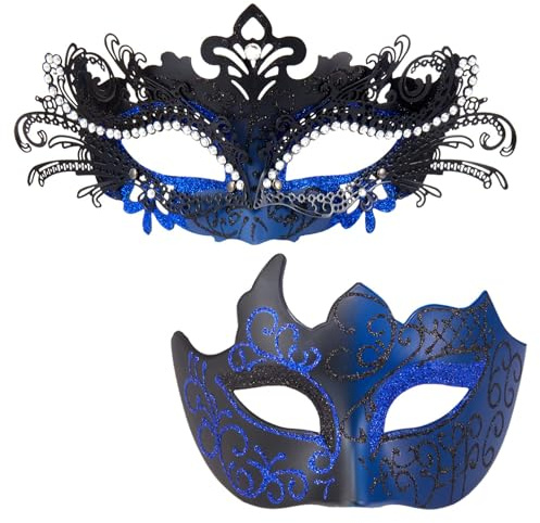 MYSEUNI Blue Masquerade Mask for Couple - Sparkling Rhinestone Metal Mascarades Mask for Women & Venetian Masks for Men - Perfect for Mardi Gras Party, Carnival, Halloween, Masquerade Balls