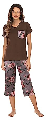 Famulily Ladies Cropped Pyjamas Women Pjs Short Sleeve Shirt and Pajama Pants Loungewear Set Brown XL