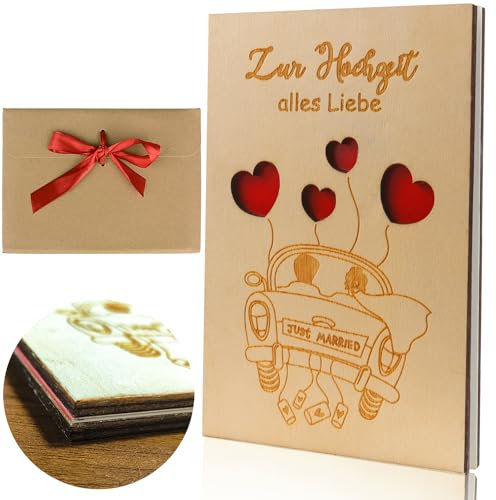 Geburtstagskarte Hochzeitskarte Geldgeschenk Holz mit Umschlag Glückwunschkarte zur Hochzeit Karte Grußkarte Hochzeitskarten Glückwunsch Einladungskarten Set für Geburtstag Hochzeit (Hochzeitsauto)