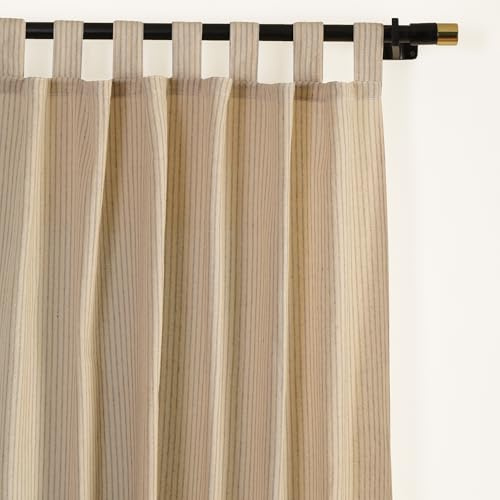 Gauze Striped Curtains, Boho Linen Gauze Tab Top Hanging Curtains Light Filtering Door Window Treatment 2 Panel Curtain Drapes for Living Room Home Décor Grey on Beige (72x42 Each Panel)