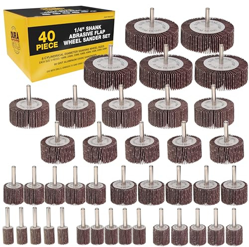 Dura-Gold 40-Piece Flap Wheel Sander Set with 1/4 Shank - 80 Grit Aluminum Oxide Sanding Wheels for Drill - 8 Cylindrical Sizes Flapper Wheels for Metal, Wood & Paint Removal - Die Grinder Compatible