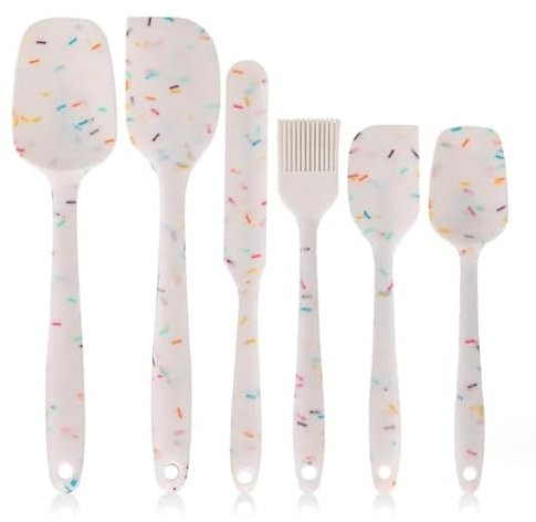 6-Pack Silicone Spatula Set Heat Resistant Non-Stick Stainless Steel Core Food Grade BPA Free Rubber Spatulas Kitchen Baking Tools Cooking Utensils Cookware Turner Tongs (White)