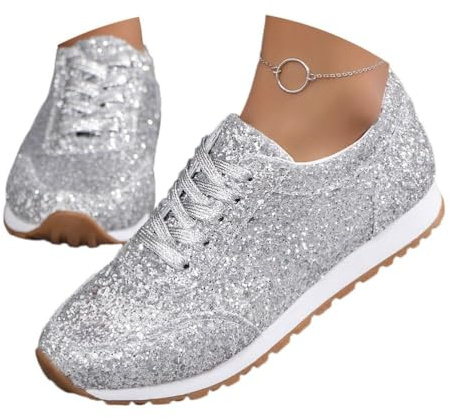 shownicer Scarpe Donna Paillettes Sneaker con Lacci Moda Schuche Glitter Sneaker Casual Piattaforma Scarpe Sportive Fitness Sneakers A Argento 41 EU