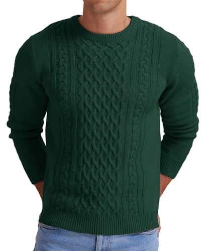 Hisir Pull Homme Hiver Cablé épais Col Rond Chaud Manches Longues Pullover Tricoté Col Rond Pulls Hommes (Vert, XL)