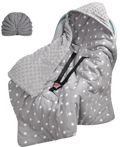 Aolso Einschlagdecke Und Strickmütze Set, Einschlagdecke Babyschale Decke Kinderwagen, universal Baby Babydecke für Buggy Autositz, Baby Ganzjahresdecke, Babydecke Buggy Autositz