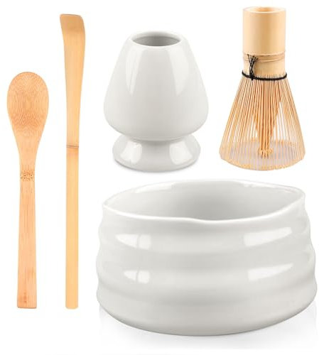 5 Pièces Service à Thé Matcha Set, Kit Matcha Fait à La Main, Disponible avec Bol à Matcha, Fouet à Matcha, Support de Fouet à Matcha, Louche, Cuillère à Café, Service À Thé Japonais (Blanc)
