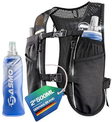 SASMO Gilet da corsa da donna e da uomo, 5 l + 2 x 500, Soft Flask, ultraleggero, 270 g e traspirante, zaino da corsa da donna, 8 tasche, gilet da corsa da uomo, gilet da corsa, zaino da bere