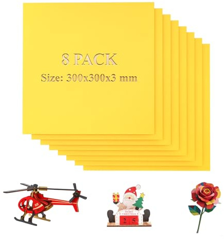 Uadme Contrachapado de Colores 3 mm, 8 Hojas de Contrachapado de Tilo, Planchas de Madera para Corte Laser 30x30 cm, para DIY, Pirograbado Corte por Laser CNC Router Modelado (Amarillo)