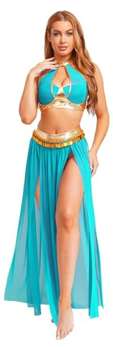 TiaoBug Costume Danza del Ventre Donna Vestito Danzatrice del Ventre Ballo Indiano Arabo Abito da Ballo Lirico Contemporaneo Crop Top Gonna Lunga Costume Carnevale Halloween Cielo Blu A S