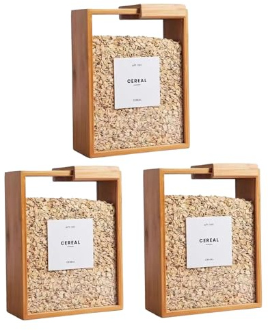 Pastoralist 3Pcs Cereal Containers Storage, 9x7x3 Inch Bamboo Rice Dispenser with Removable Lids, Clear Flour Storage Containers for Kicthen, Rice Container, Cereal